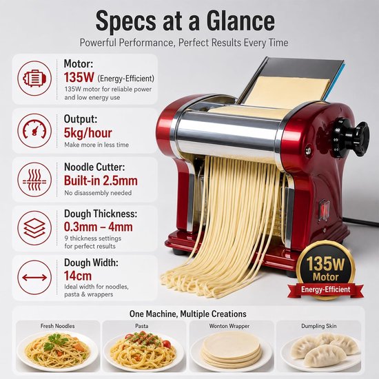 SnelShoppen - Elektrische Pastamachine, 135 W Automatische Pasta Maker, Voor Thuis en Commercieel Gebruik, 2-in-1 Functie, 6 Dikte-instellingen, Perfe — afbeelding 4