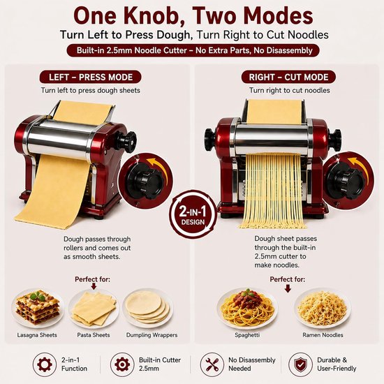 SnelShoppen - Elektrische Pastamachine, 135 W Automatische Pasta Maker, Voor Thuis en Commercieel Gebruik, 2-in-1 Functie, 6 Dikte-instellingen, Perfe — afbeelding 5