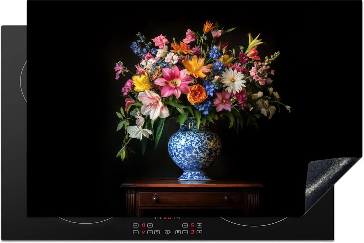 SnelShoppen - Inductie Protector 81x52cm Keuken Decoratie Hob Protector - Antislip Mat met Uniek Foto Print - Vaas en Bloemen Design - Ideaal voor Mod