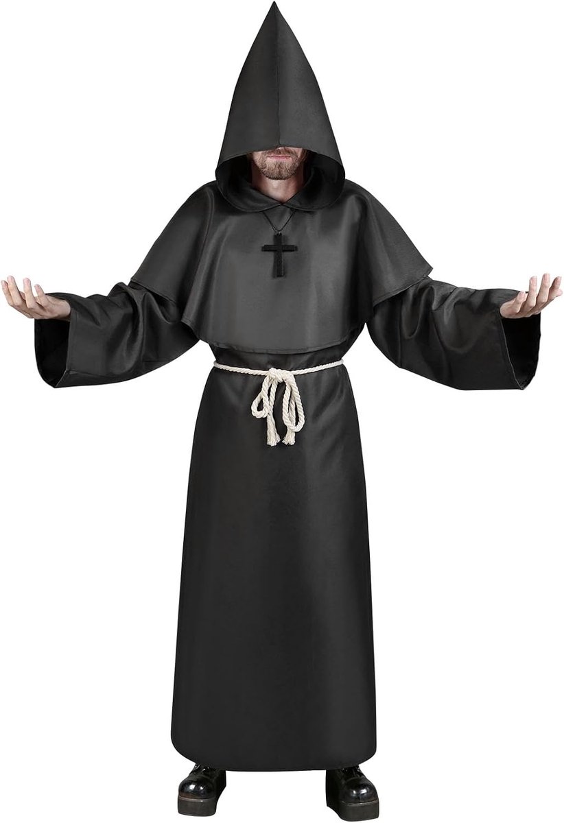 Monnikskostuum, 4-delige Middeleeuwse Monnikenkaap met Kap en Renaissance Tovenaar voor Volwassen Mannen, Pastor Outfit Priester Gewaad Kostuum Halloween Fancy Dress Kerstfeest Cosplay Kostuum