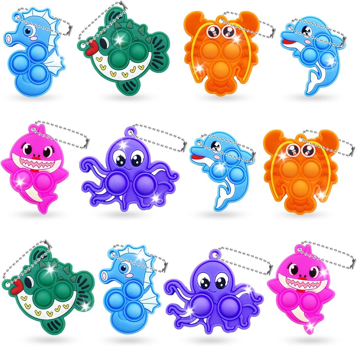 12 stuks Pop-sleutelhanger It Fidget Toy, Pop-sleutelhanger met zeedieren Bubble Sensory Stress Relief Sleutelhangers voor kinderen Feestartikelen Zakvullers voor meisjes jongens volwassenen