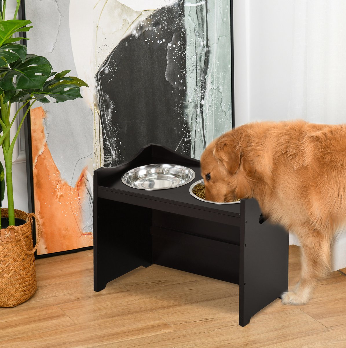 REDOM- Voerbak voor hond en kat - Verhoogde voerstation met 2 uitneembare RVS kommen - 3-traps hoogteverstelling - Met zijgrepen - Moderne stijl - Voor thuis - MDF en RVS - Koffie - 54 x 31,5 x 47 cm
