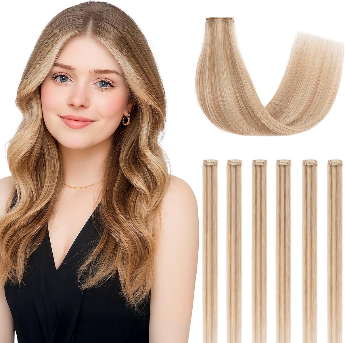Clip-in extensies van echt haar, 6 stuks, single clip highlights