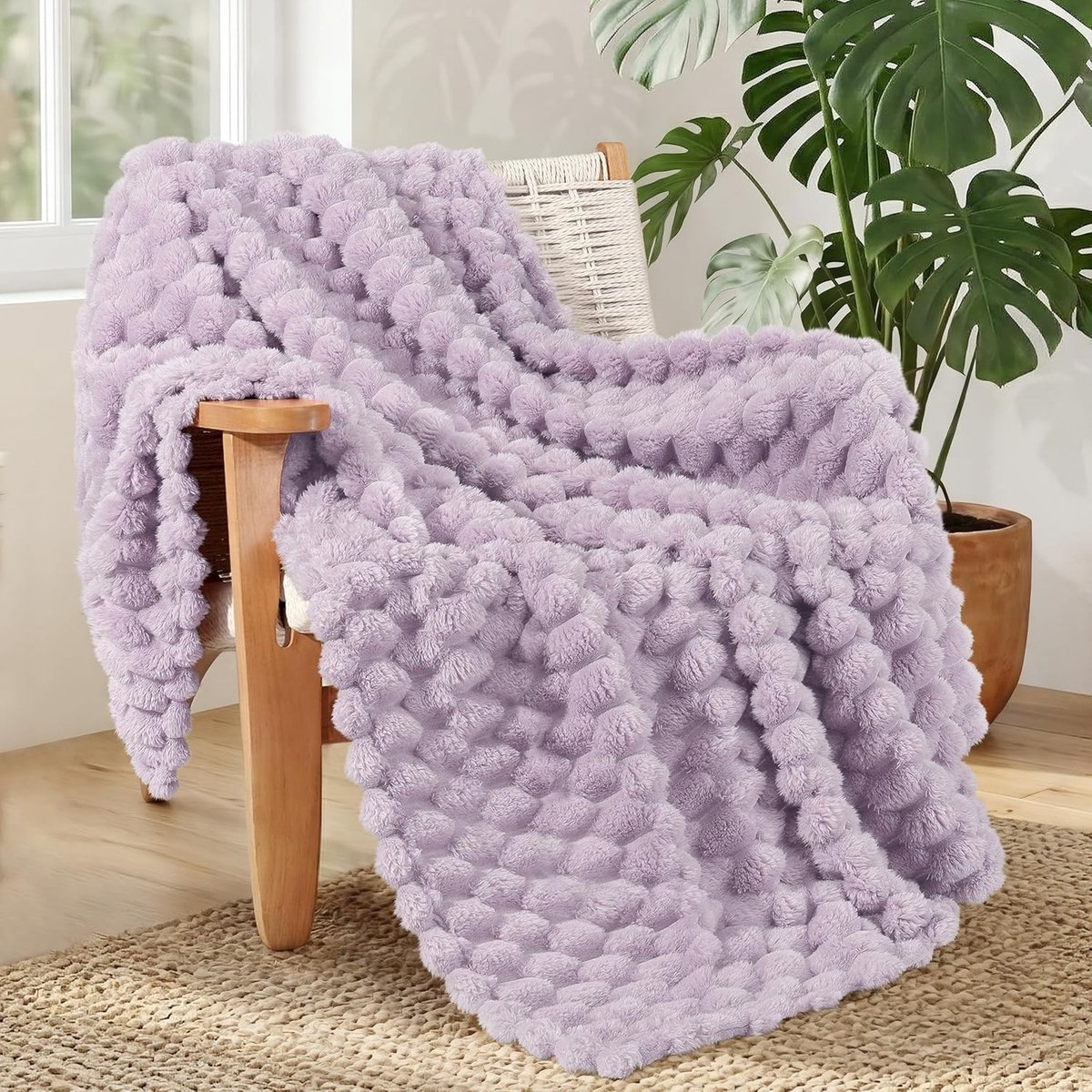Cuddly Fleece Dekentje met 3D Jacquard Patroon, Zacht en Warm Sofa Dekentje, Perfect voor Elk Seizoen, 130 x 150 cm, Licht Paars, Ideaal voor Kinderen en Volwassenen