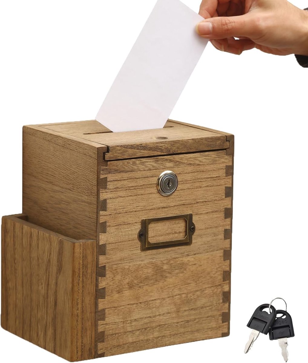 Opbergdoos van hout met slot, voor donaties en visitekaartjes in kantoren, scholen en ziekenhuizen, geelbruin
