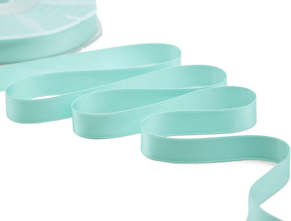 Dubbel satijnen lint, Italiaanse stof - Tiffany-groen, 16 mm x 25 m