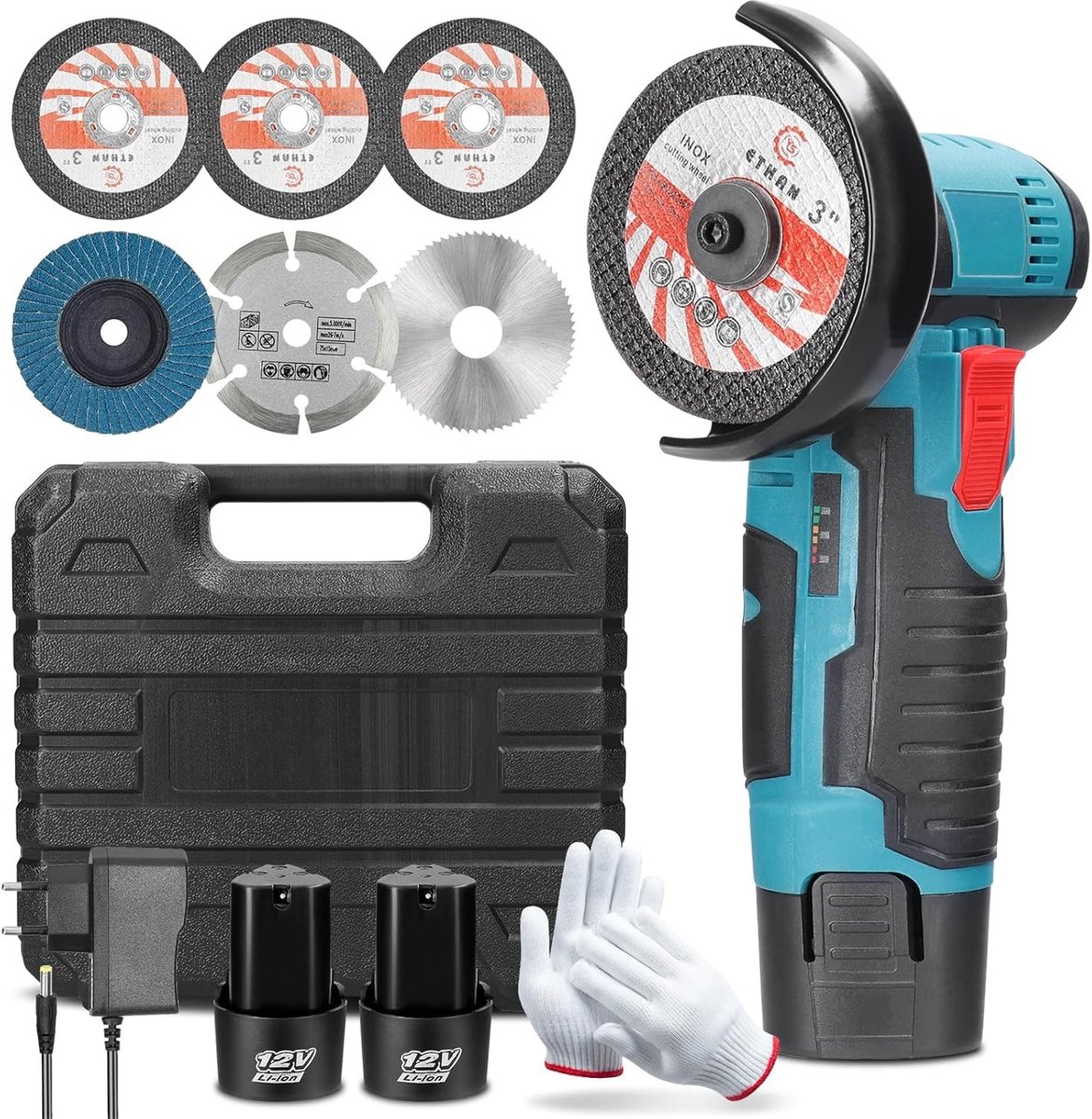 Professionele Draadloze Haakse Slijper Set 12 V met 2 Batterijen 2000 mAh voor Hout, Steen en Staal Snijden en Polijsten