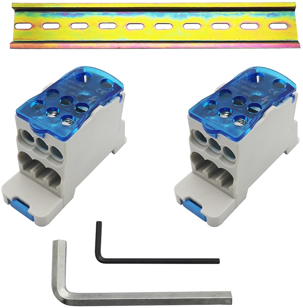 DIN-rail eindblokkenset, 2 stuks 160A Din Rail enkelpolige aansluitdoos en 1 stuks C45 DIN-rail, met inbussleutel