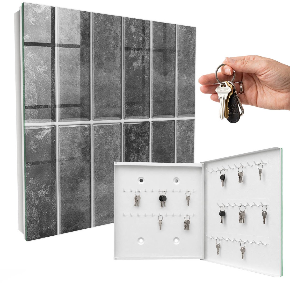 WallMuralia - Sleutelkast - 30x30x5 cm - met 50 haken - Grijze Tegels Sleutelkastje Binnen - Grijs Sleutelbox - Rechtsopenend - Wit interieur