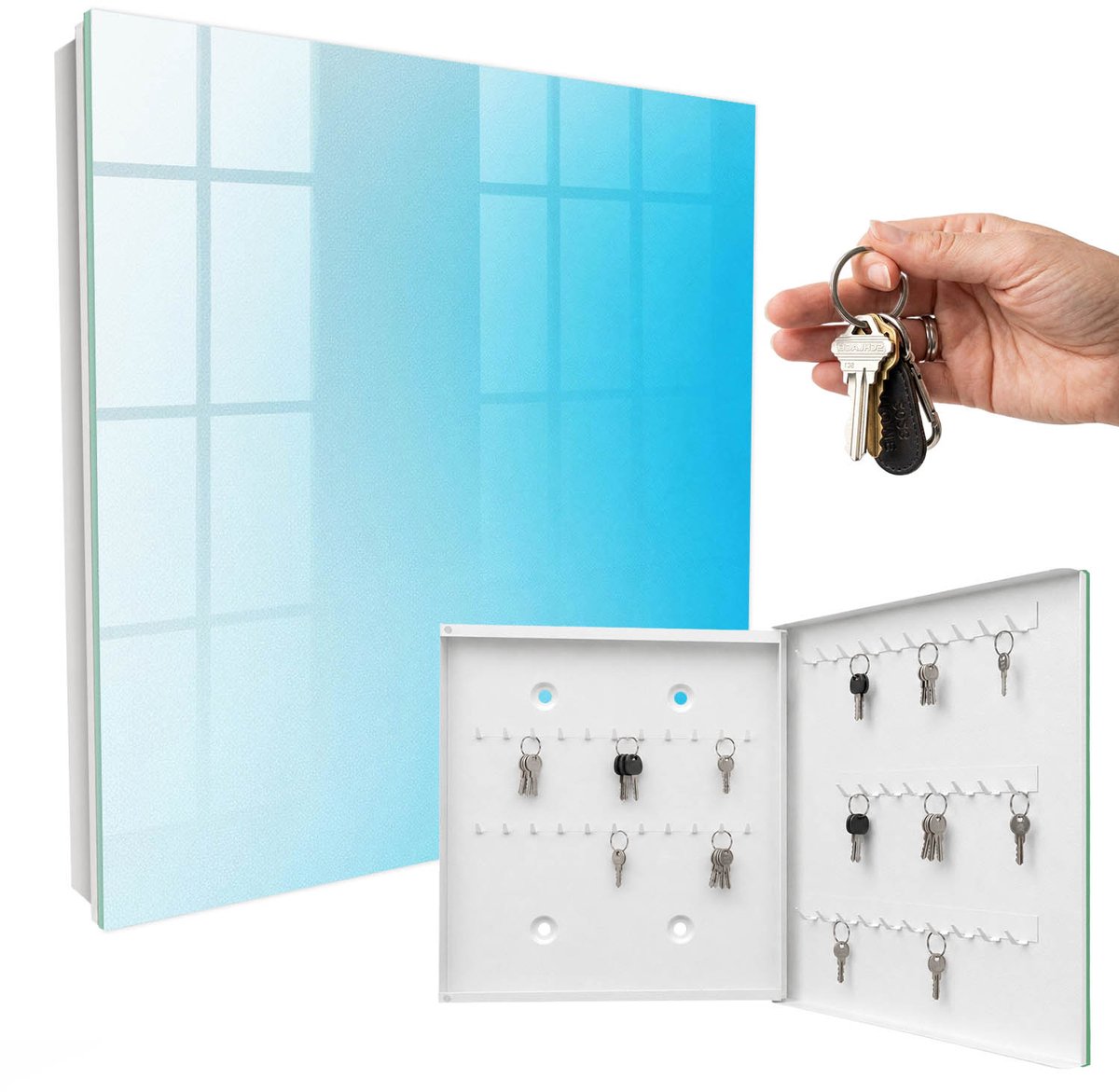 WallMuralia - Sleutelkast - 30x30x5 cm - met 50 haken - Blauwe Gradiënt Sleutelkastje Industrieel - Blauw Sleutelbox - Rechtsopenend - Wit interieur