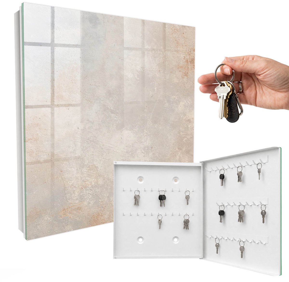 WallMuralia - Sleutelkast - 30x30x5 cm - met 50 haken - Rustieke Elegantie Sleutelkastje Landelijk - Beige Sleutelbox - Rechtsopenend - Wit interieur