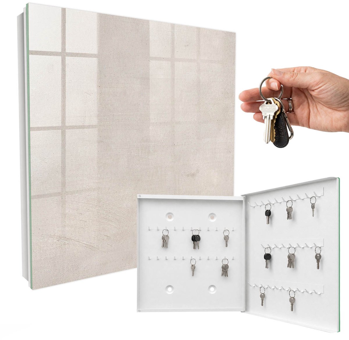 WallMuralia - Sleutelkast - 30x30x5 cm - met 50 haken - Betonstructuur Sleutelkastje Design - Beige Sleutelbox - Rechtsopenend - Wit interieur