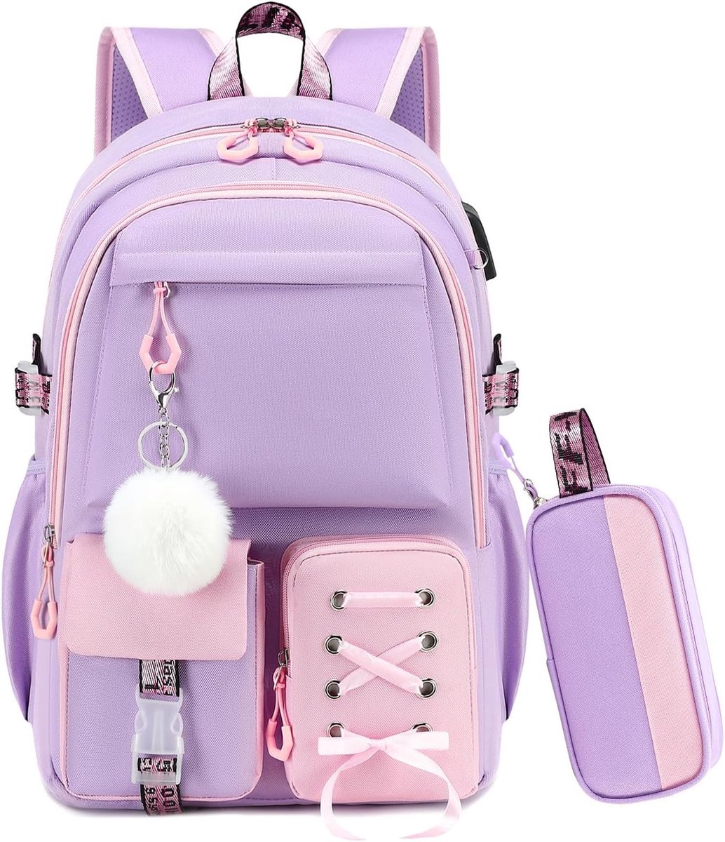 2-in-1 rugzakset voor meisjes, waterafstotende schooltas met etui, ideaal voor basisschool en middelbare school, paars-roze en praktisch ontwerp