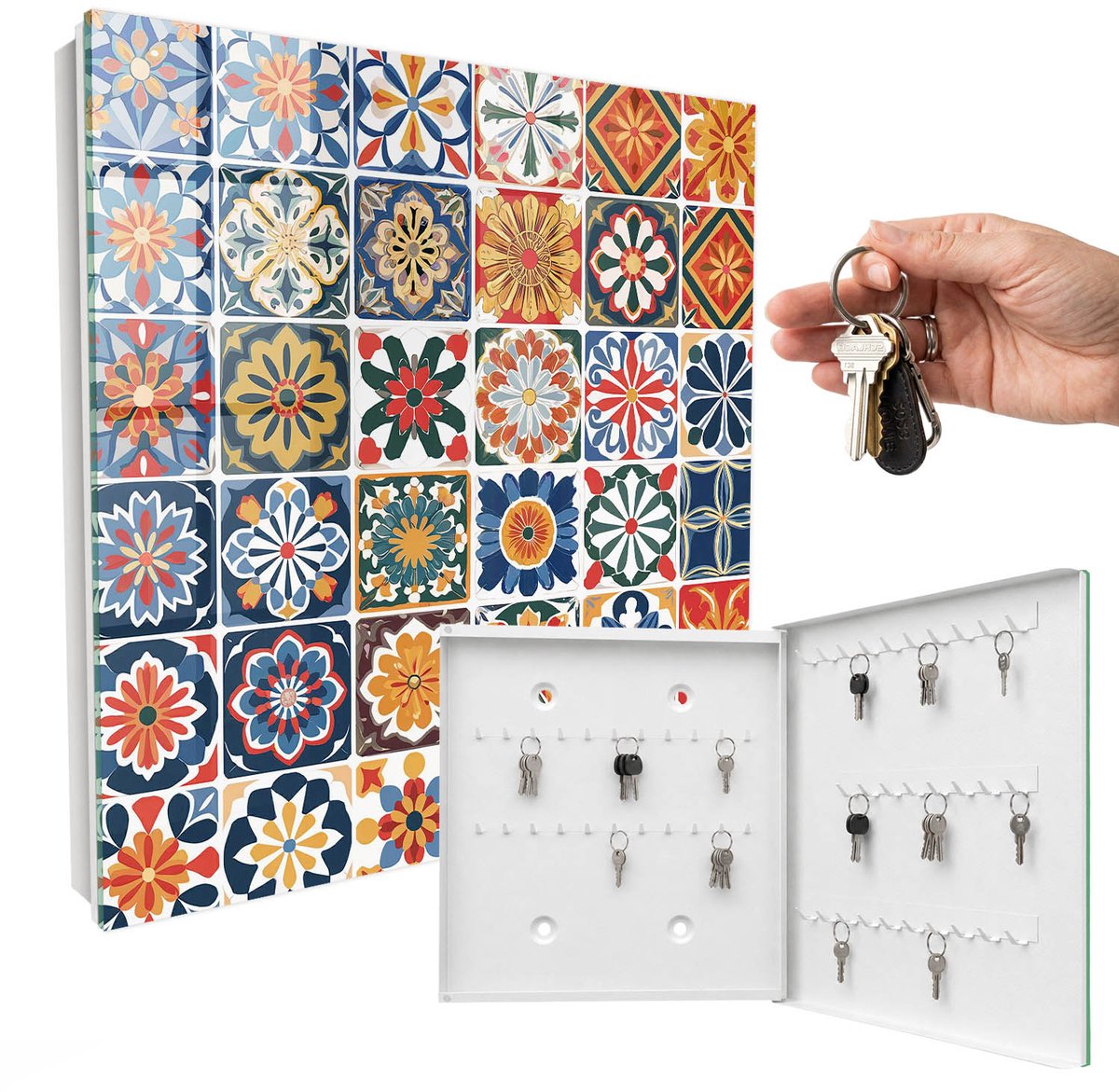 WallMuralia - Sleutelkast - 30x30x5 cm - met 50 haken - Kleurrijke Tegels Design Sleutelkastje - Blauw Sleutelbox - Rechtsopenend - Wit interieur