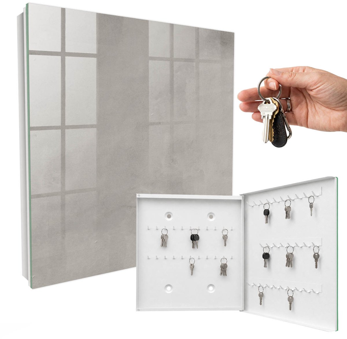 WallMuralia - Sleutelkast - 30x30x5 cm - met 50 haken - Grijze Textuur Sleutelkastje Huis - Grijs Sleutelbox - Rechtsopenend - Wit interieur