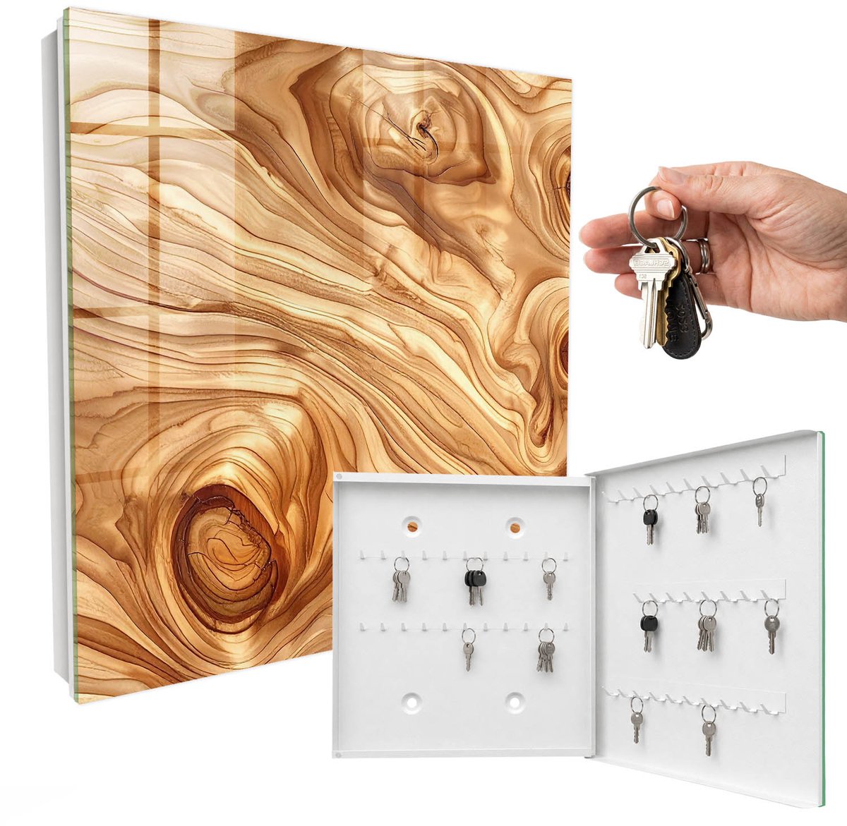 WallMuralia - Sleutelkast - 30x30x5 cm - met 50 haken - Houten Golven Design Sleutelkastje - Bruin Sleutelbox - Rechtsopenend - Wit interieur