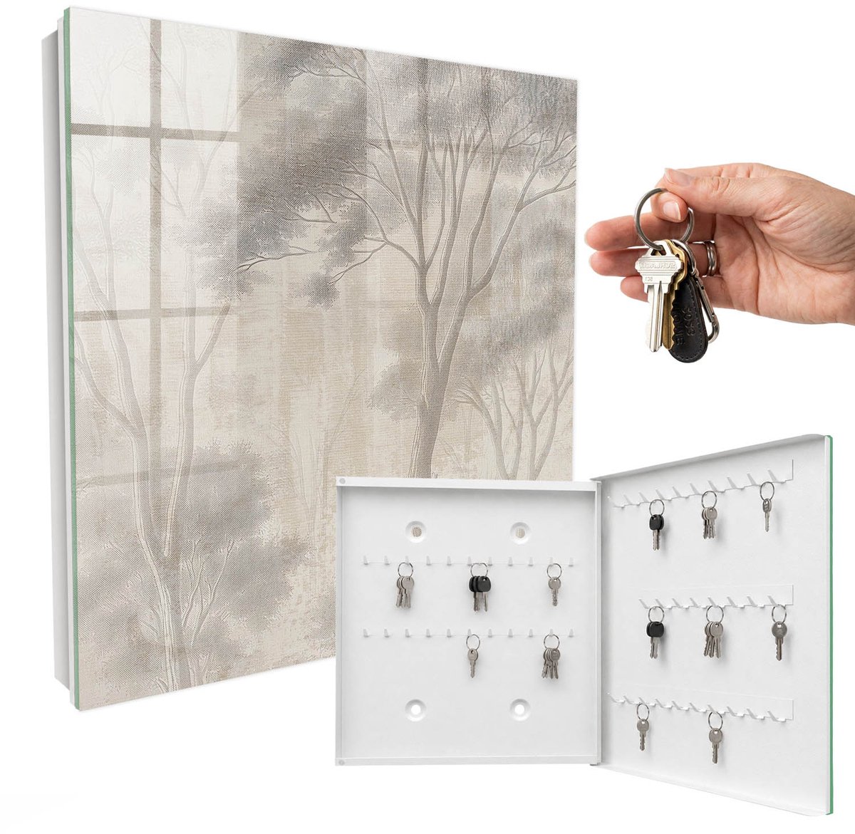 WallMuralia - Sleutelkast - 30x30x5 cm - met 50 haken - Etherische Bossfeer Sleutelkastje Industrieel - Grijs Sleutelbox - Rechtsopenend - Wit interieur