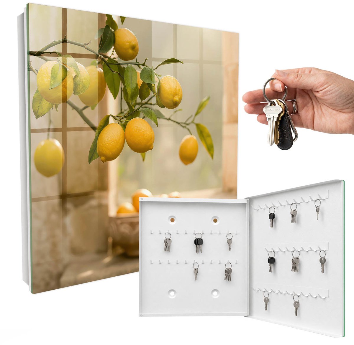 WallMuralia - Sleutelkast - 30x30x5 cm - met 50 haken - Citroen Charm Sleutelkastje Gang - Geel Sleutelbox - Rechtsopenend - Wit interieur