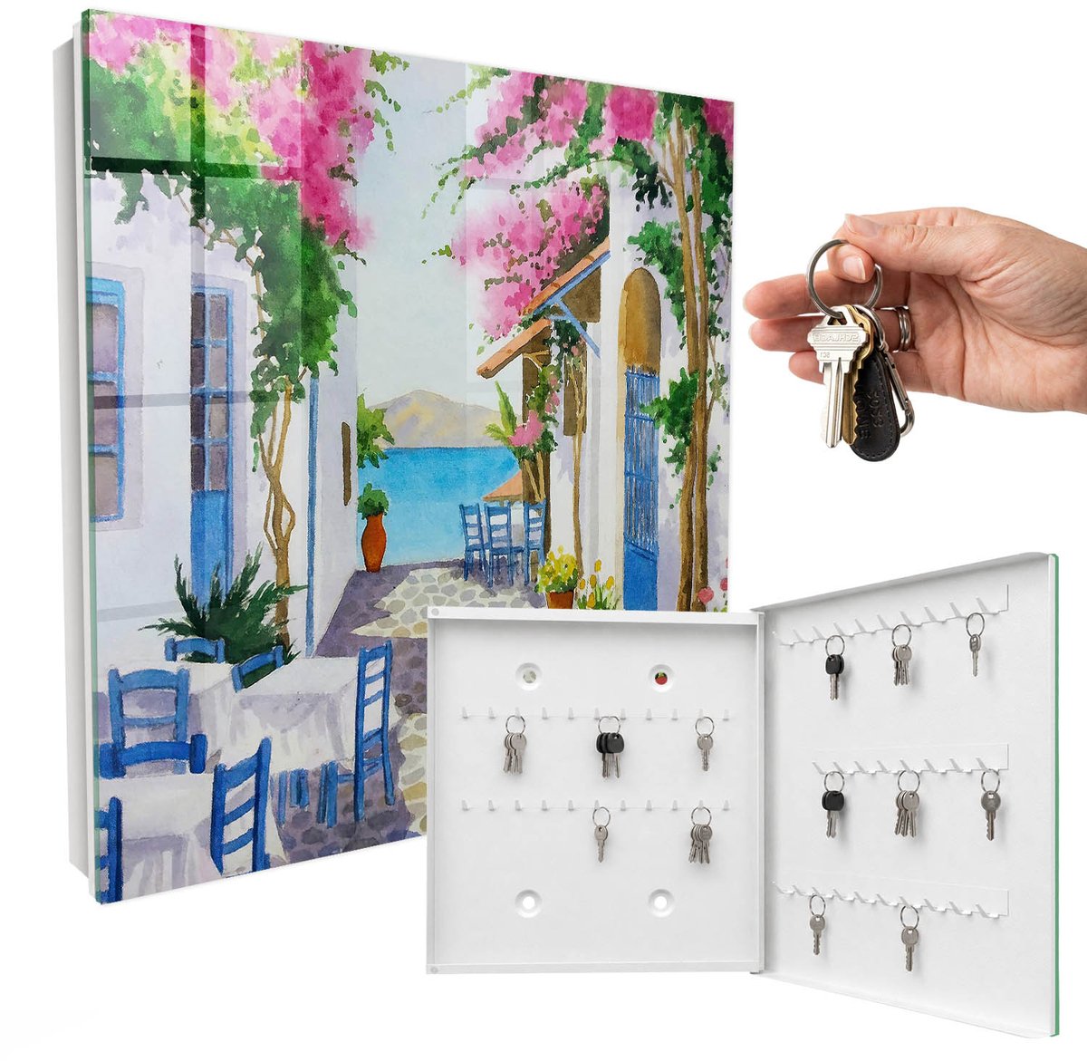 WallMuralia - Sleutelkast - 30x30x5 cm - met 50 haken - Mediterrane Schoonheid Sleutelkastje - Wit Sleutelbox - Rechtsopenend - Wit interieur