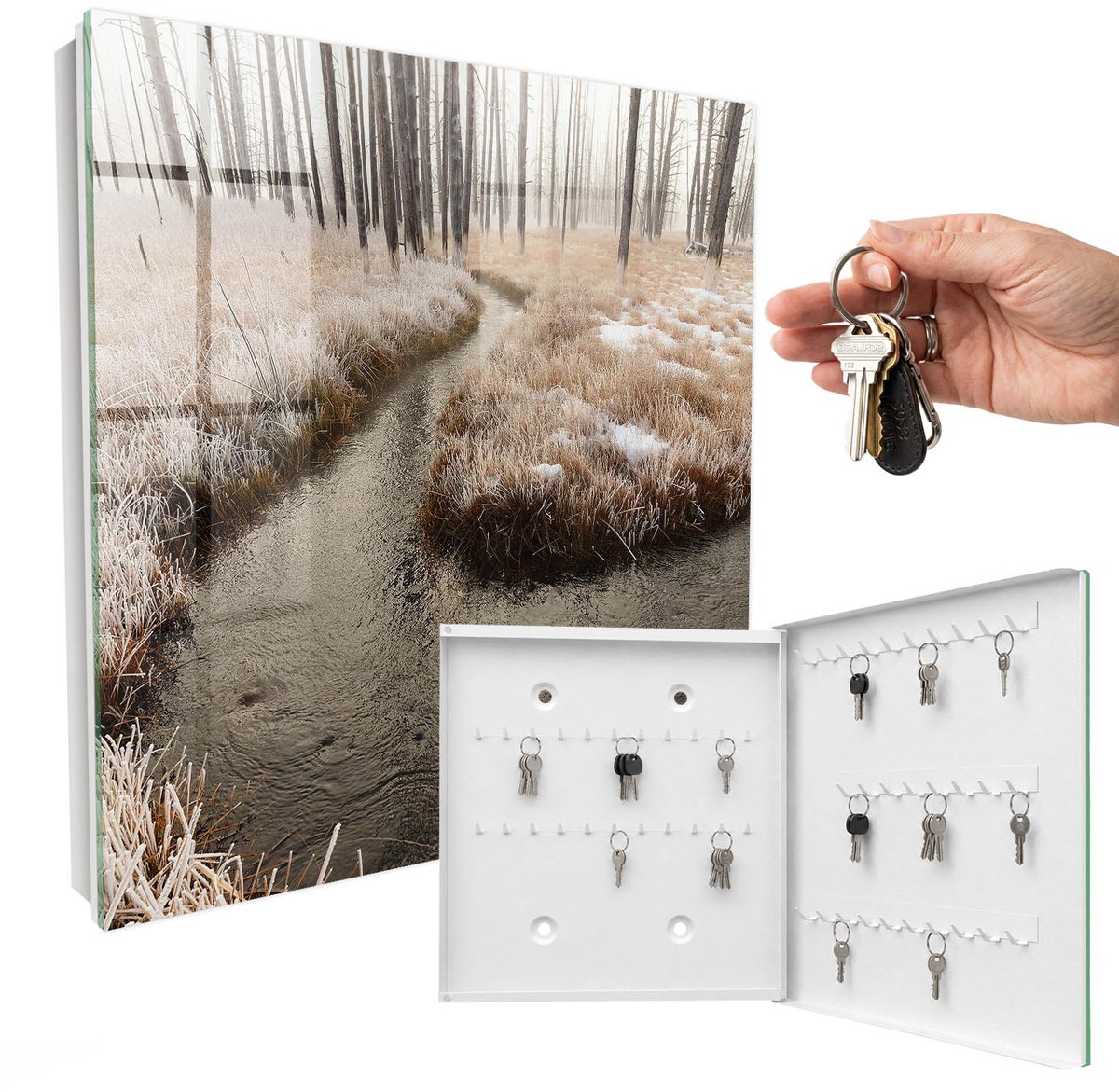 WallMuralia - Sleutelkast - 30x30x5 cm - met 50 haken - Winterrivier Sleutelkastje Modern - Wit Sleutelbox - Rechtsopenend - Wit interieur