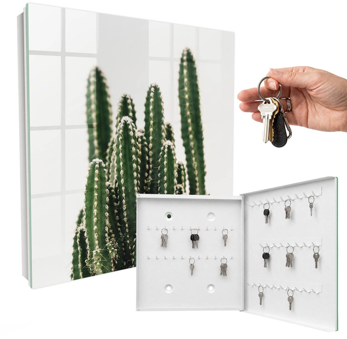 WallMuralia - Sleutelkast - 30x30x5 cm - met 50 haken - Groene Cactussen Sleutelkastje Design - Groente Sleutelbox - Rechtsopenend - Wit interieur