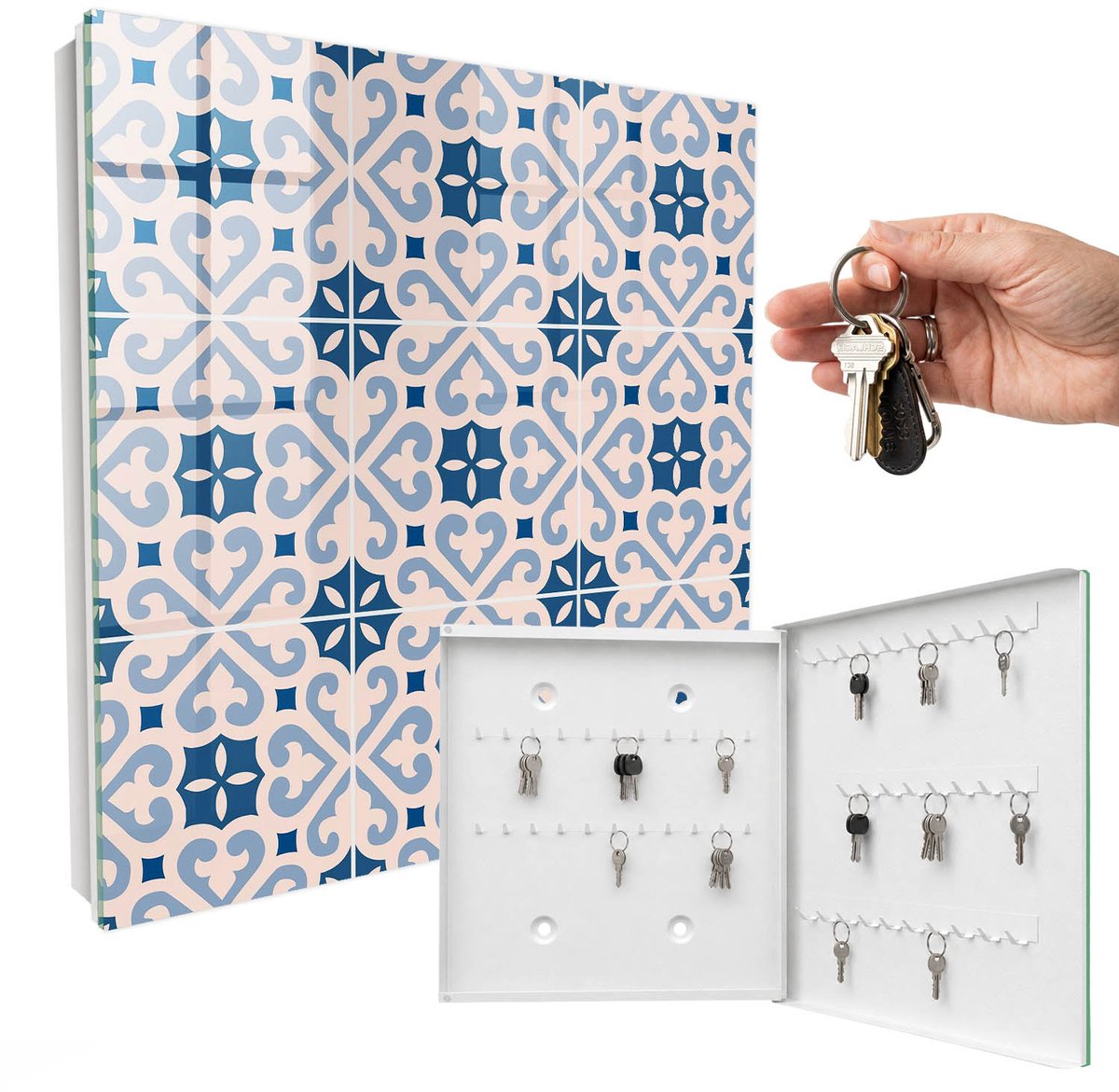 WallMuralia - Sleutelkast - 30x30x5 cm - met 50 haken - Decoratief Patroon Sleutelkastje Modern - Blauw Sleutelbox - Rechtsopenend - Wit interieur