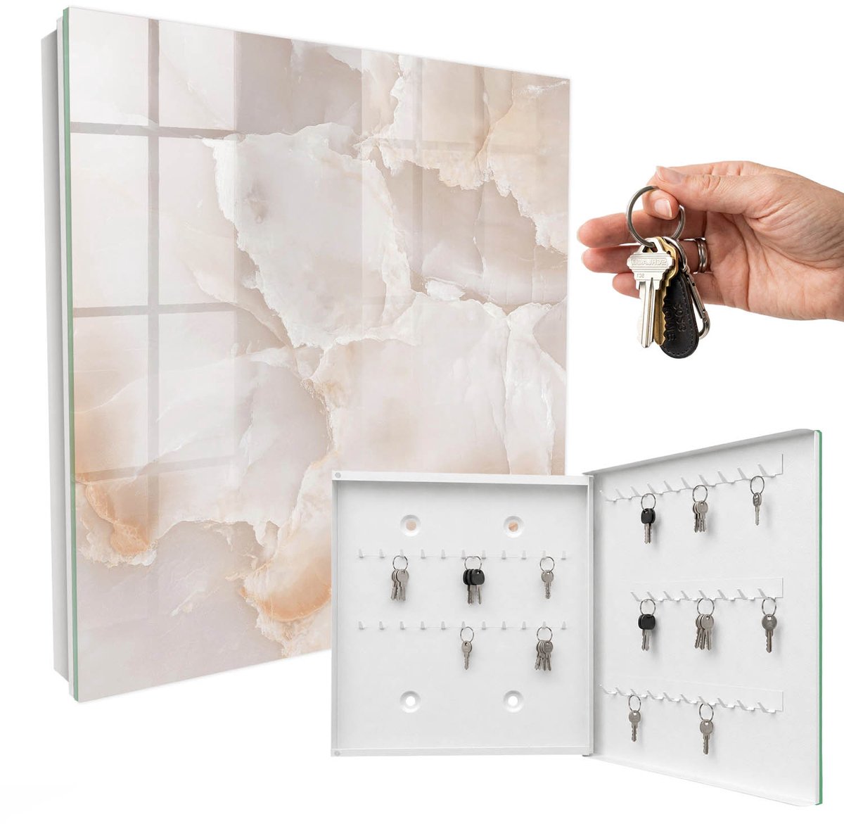 WallMuralia - Sleutelkast - 30x30x5 cm - met 50 haken - Een Subtiele Steen Design Sleutelkastje - Beige Sleutelbox - Rechtsopenend - Wit interieur