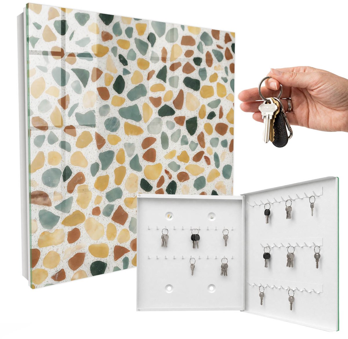 WallMuralia - Sleutelkast - 30x30x5 cm - met 50 haken - Kiezelmozaïek Sleutelkastje Modern - Geel Sleutelbox - Rechtsopenend - Wit interieur