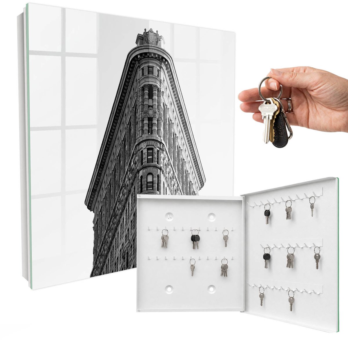 WallMuralia - Sleutelkast - 30x30x5 cm - met 50 haken - Hoogwaardige Architectuur Design Sleutelkastje - Grijs Sleutelbox - Rechtsopenend - Wit interieur