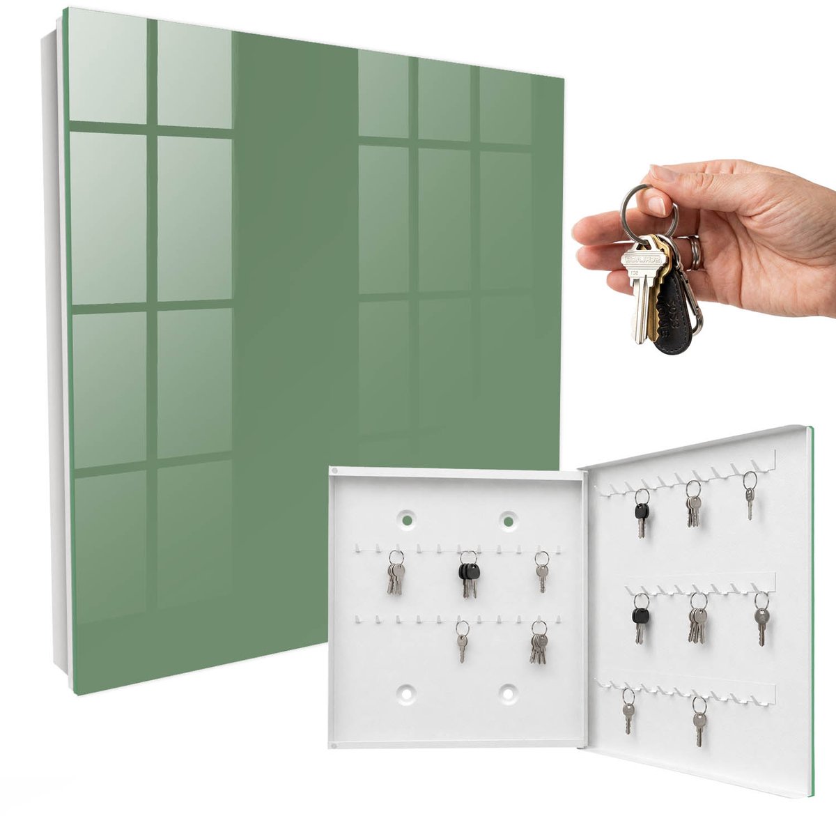WallMuralia - Sleutelkast - 30x30x5 cm - met 50 haken - Gedempt Groen Leuk Sleutelkastje - Groente Sleutelbox - Rechtsopenend - Wit interieur