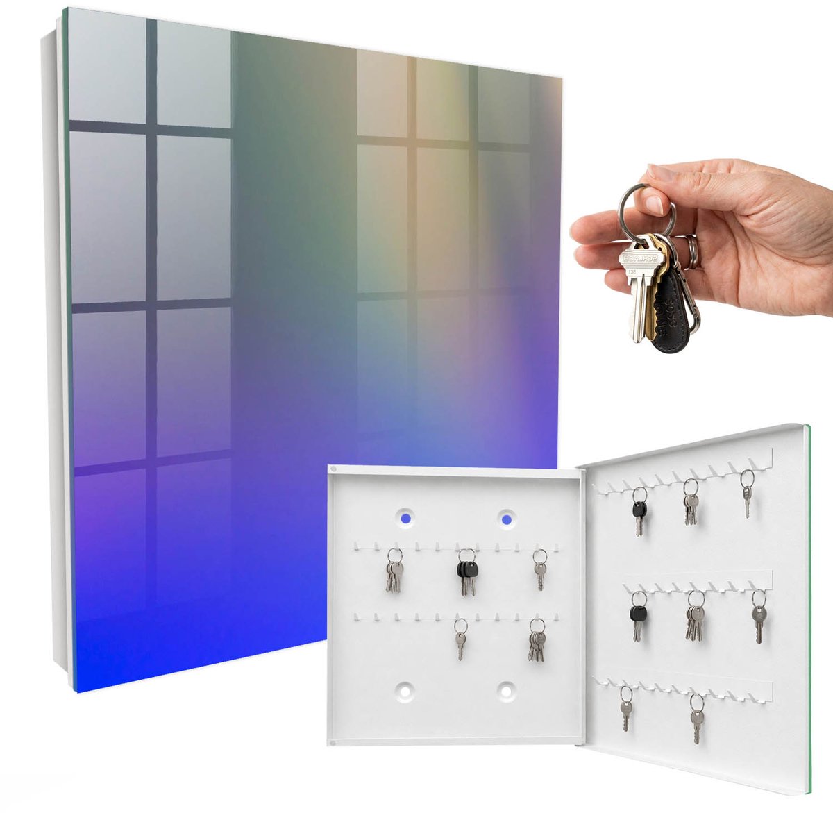 WallMuralia - Sleutelkast - 30x30x5 cm - met 50 haken - Kleurrijke Harmonie Design Sleutelkastje - Blauw Sleutelbox - Rechtsopenend - Wit interieur