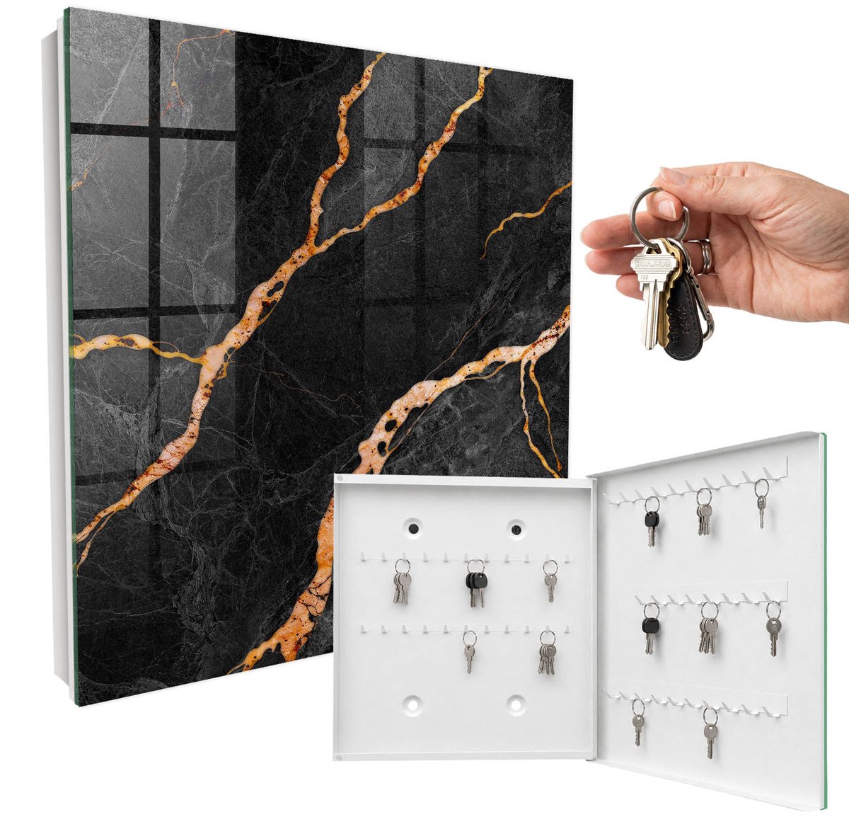 WallMuralia - Sleutelkast - 30x30x5 cm - met 50 haken - Zwarte En Oranje Steen Sleutelkastje Design - Zwart Sleutelbox - Rechtsopenend - Wit interieur