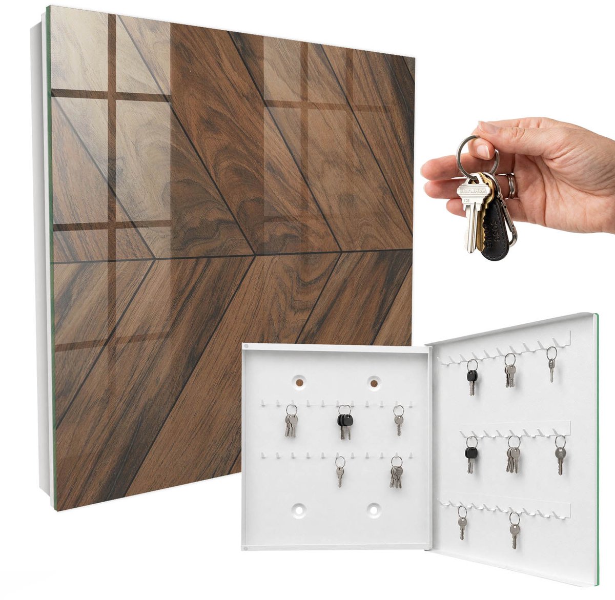 WallMuralia - Sleutelkast - 30x30x5 cm - met 50 haken - Houten Visgraatmotief Sleutelkastje Gang - Bruin Sleutelbox - Rechtsopenend - Wit interieur