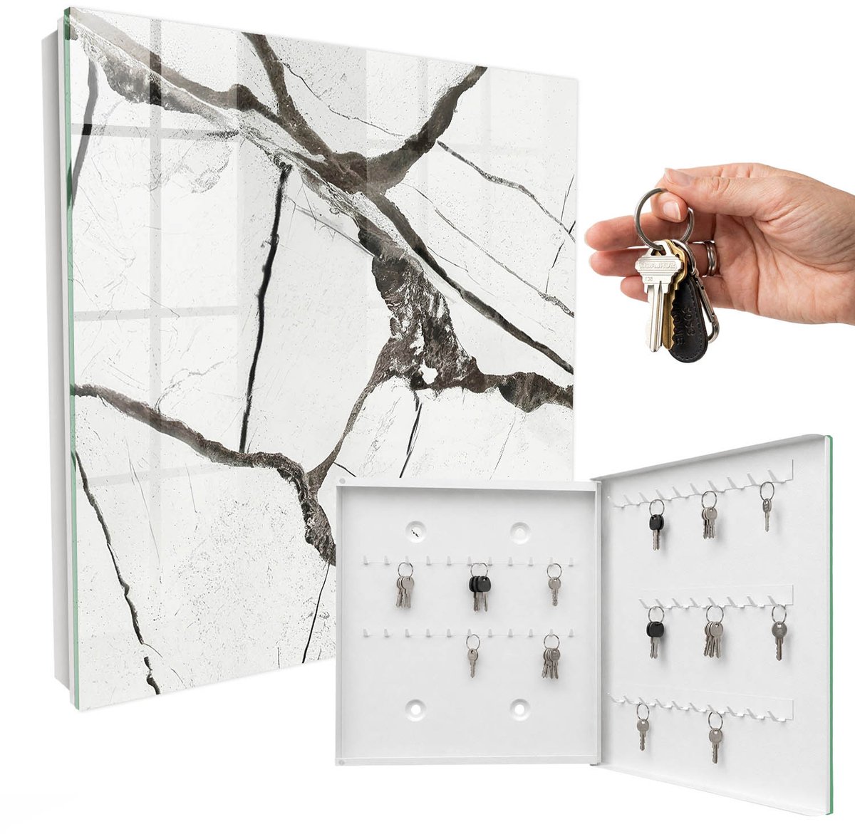 WallMuralia - Sleutelkast - 30x30x5 cm - met 50 haken - Stijlvol Minimalisme Sleutelkastje Gang - Wit Sleutelbox - Rechtsopenend - Wit interieur
