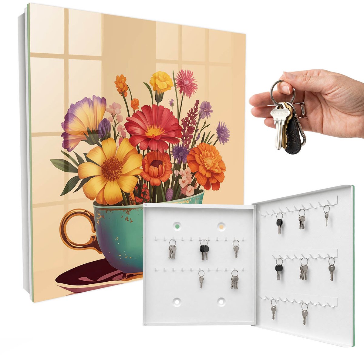 WallMuralia - Sleutelkast - 30x30x5 cm - met 50 haken - Bloemenbeker Sleutelkastje Huis - Turkoois Sleutelbox - Rechtsopenend - Wit interieur