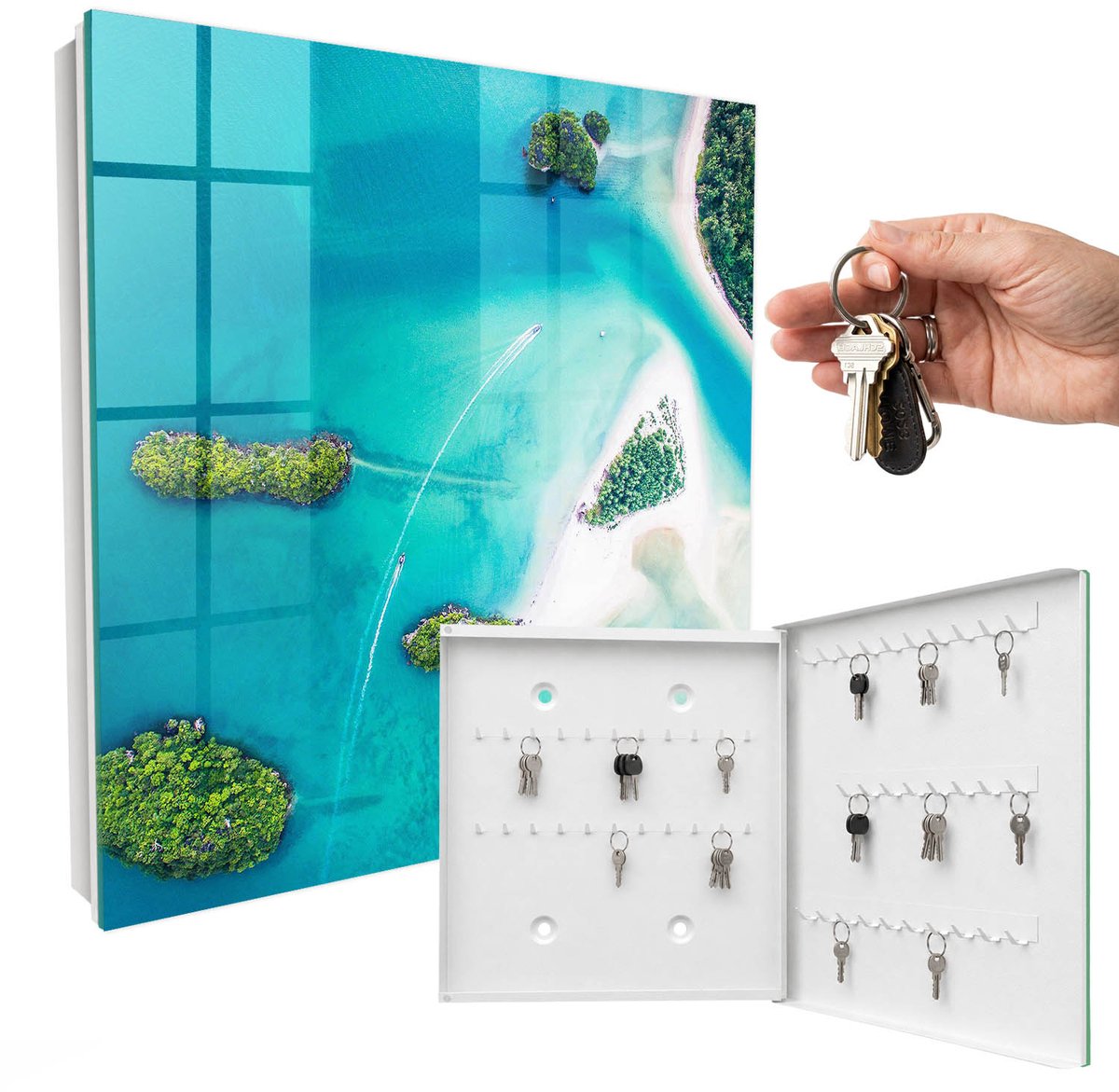 WallMuralia - Sleutelkast - 30x30x5 cm - met 50 haken - Exotische Stranden Sleutelkastje Klein - Turkoois Sleutelbox - Rechtsopenend - Wit interieur
