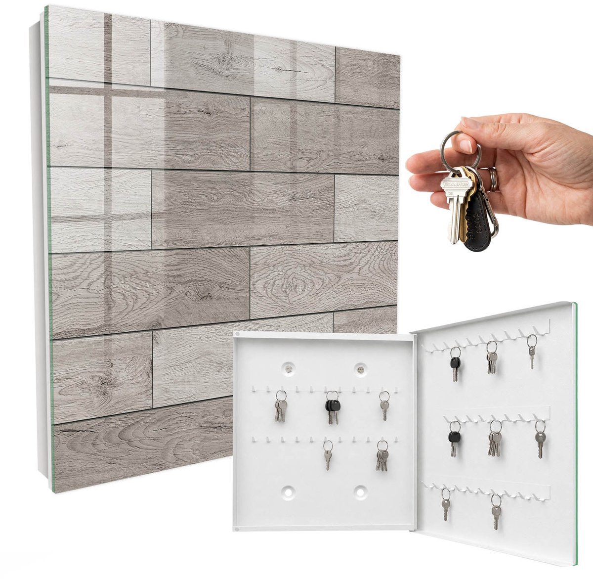 WallMuralia - Sleutelkast - 30x30x5 cm - met 50 haken - Grijs Hout Sleutelkastje Design - Grijs Sleutelbox - Rechtsopenend - Wit interieur