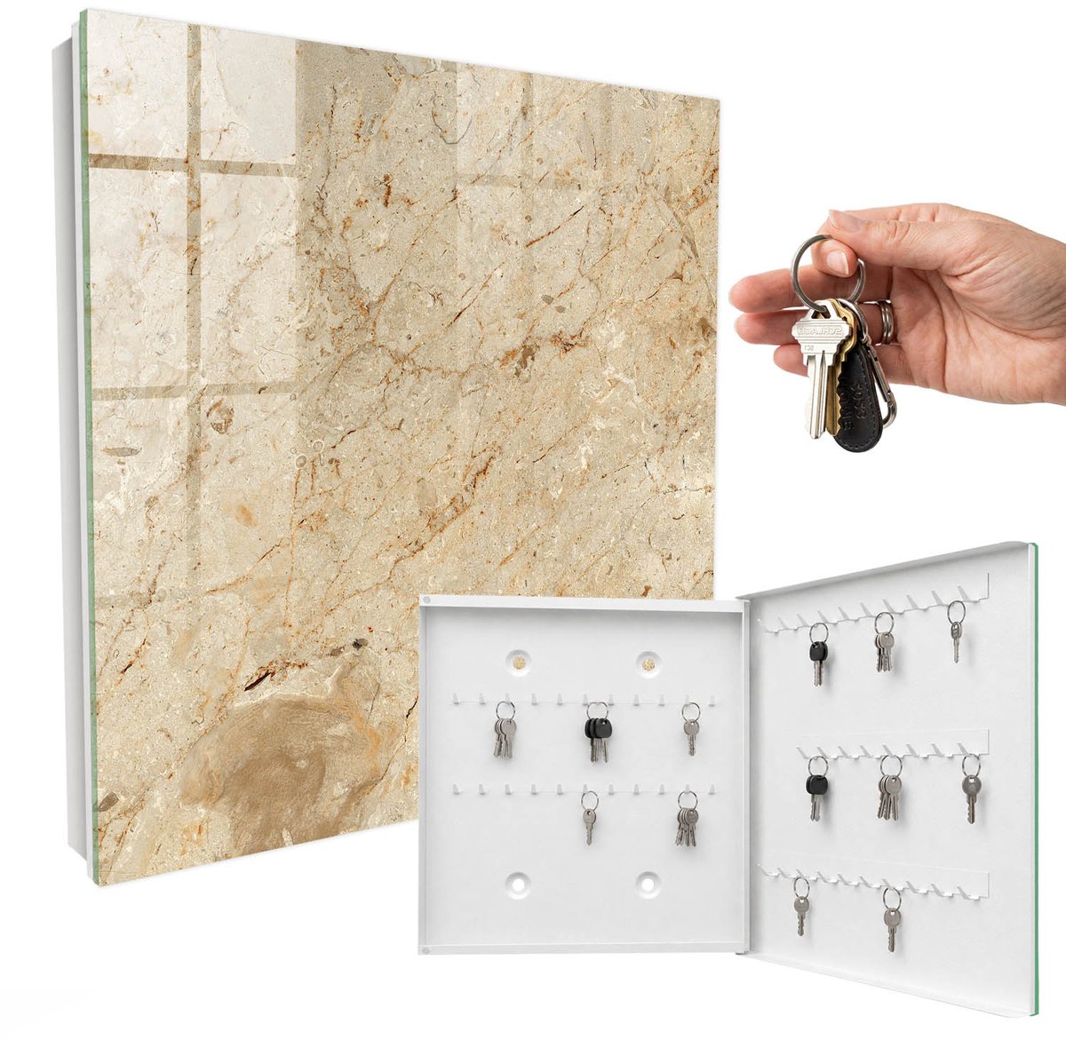 WallMuralia - Sleutelkast - 30x30x5 cm - met 50 haken - Steenpatroon Sleutelkastje Klein - Beige Sleutelbox - Rechtsopenend - Wit interieur