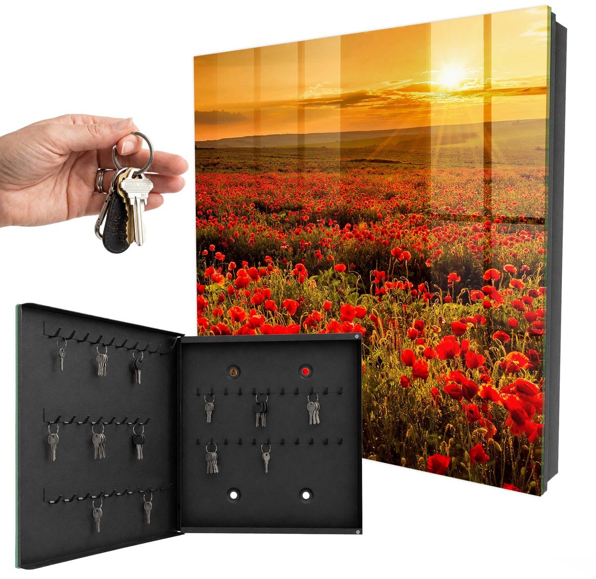 WallMuralia - Sleutelkast - 30x30x5 cm - met 50 haken - Klaprozenvelden Sleutelkastje Binnen - Rood Sleutelbox - Linksopenend - Zwart interieur