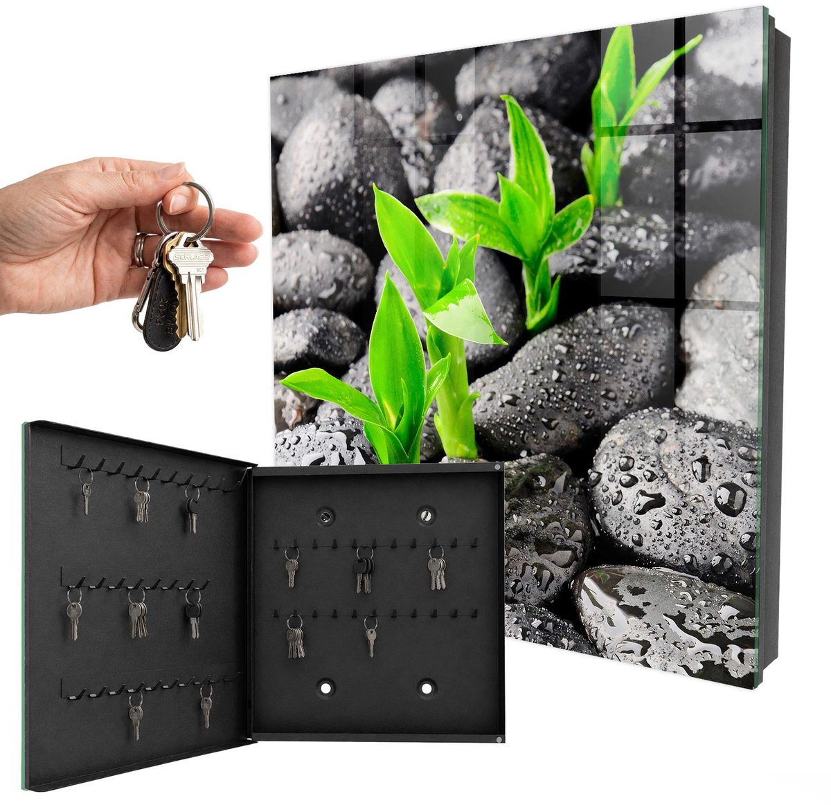 WallMuralia - Sleutelkast - 30x30x5 cm - met 50 haken - Groene Natuur Sleutelkastje Gang - Zwart Sleutelbox - Linksopenend - Zwart interieur