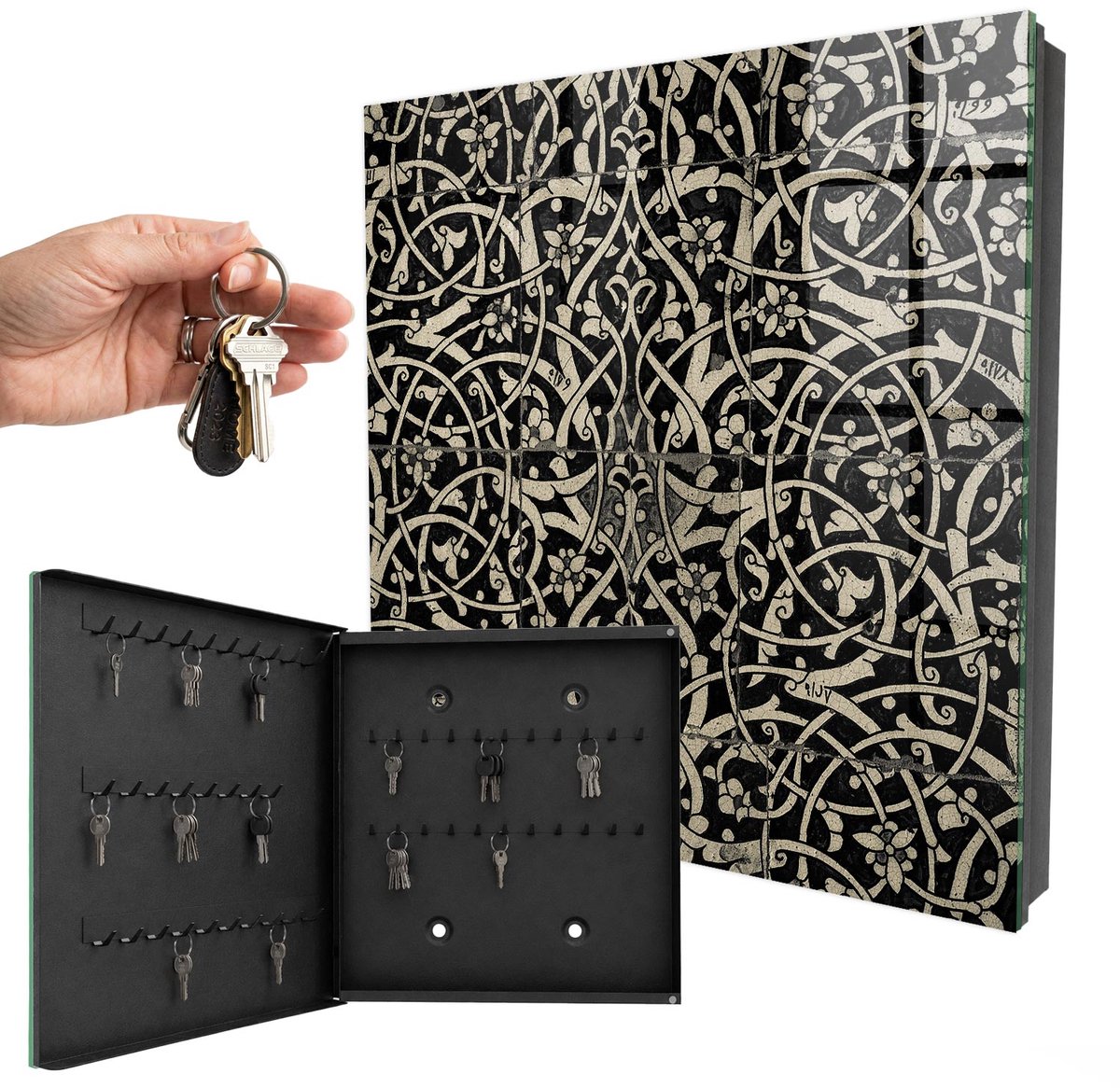 WallMuralia - Sleutelkast - 30x30x5 cm - met 50 haken - Decoratieve Elegantie Leuk Sleutelkastje - Beige Sleutelbox - Linksopenend - Zwart interieur