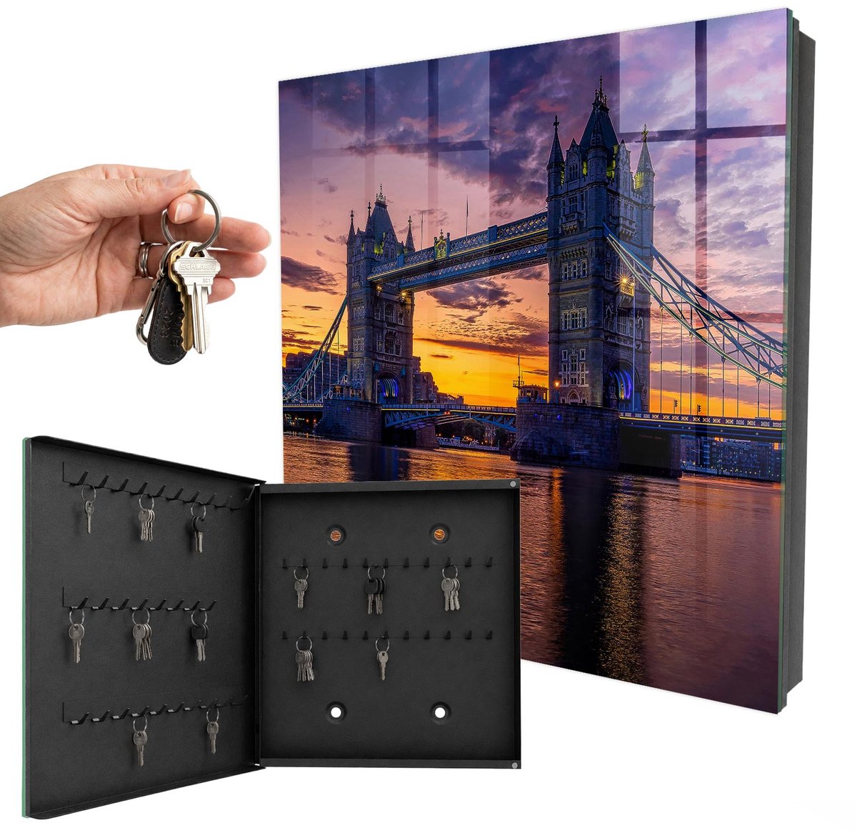WallMuralia - Sleutelkast - 30x30x5 cm - met 50 haken - Een Magisch Uitzicht Sleutelkastje - Paars Sleutelbox - Linksopenend - Zwart interieur