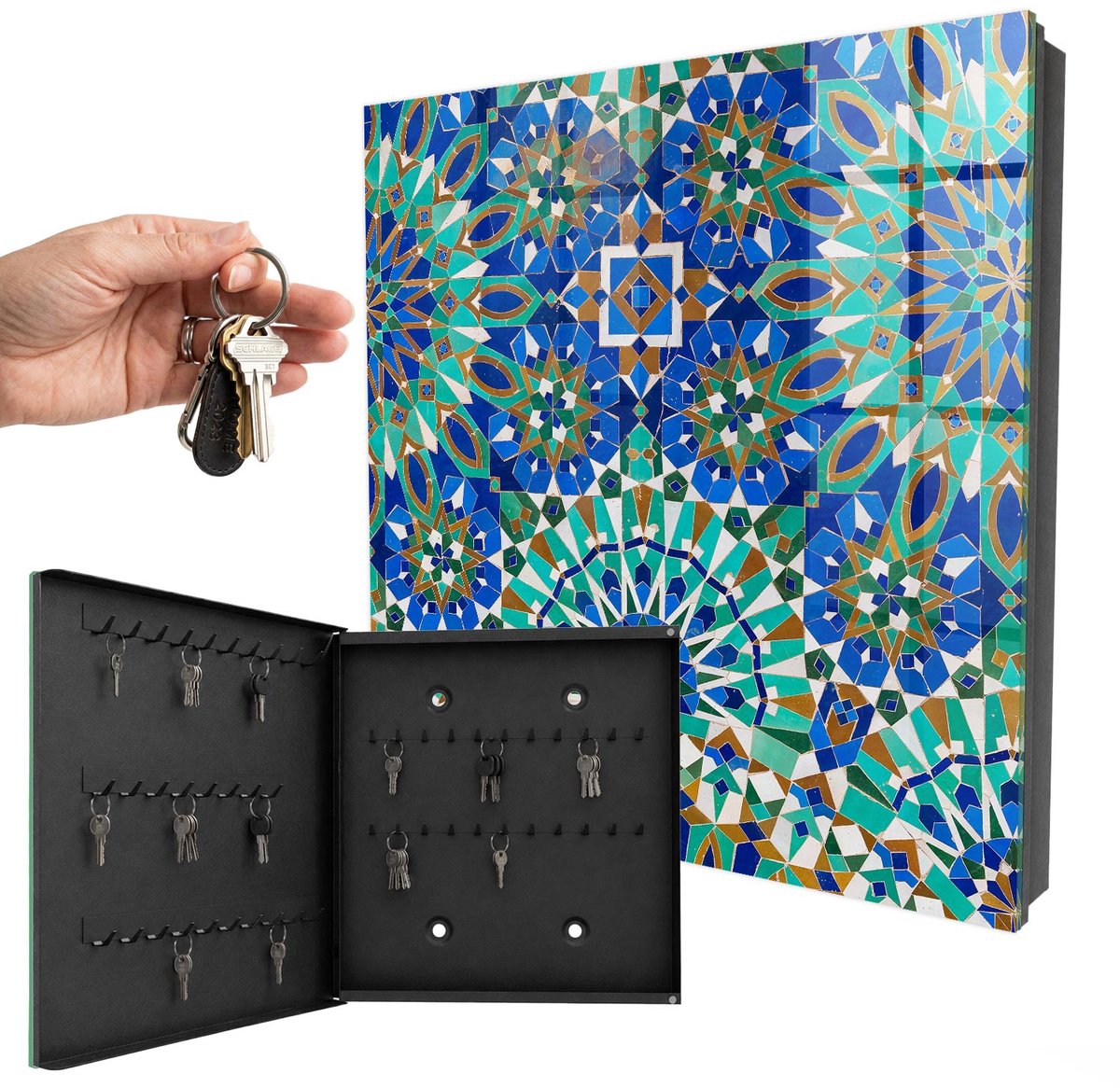 WallMuralia - Sleutelkast - 30x30x5 cm - met 50 haken - Geometrische Mozaïek Design Sleutelkastje - Blauw Sleutelbox - Linksopenend - Zwart interieur