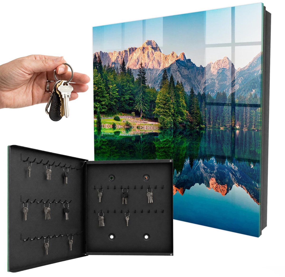 WallMuralia - Sleutelkast - 30x30x5 cm - met 50 haken - Berglandschap Sleutelkastje Voor Binnen - Groente Sleutelbox - Linksopenend - Zwart interieur
