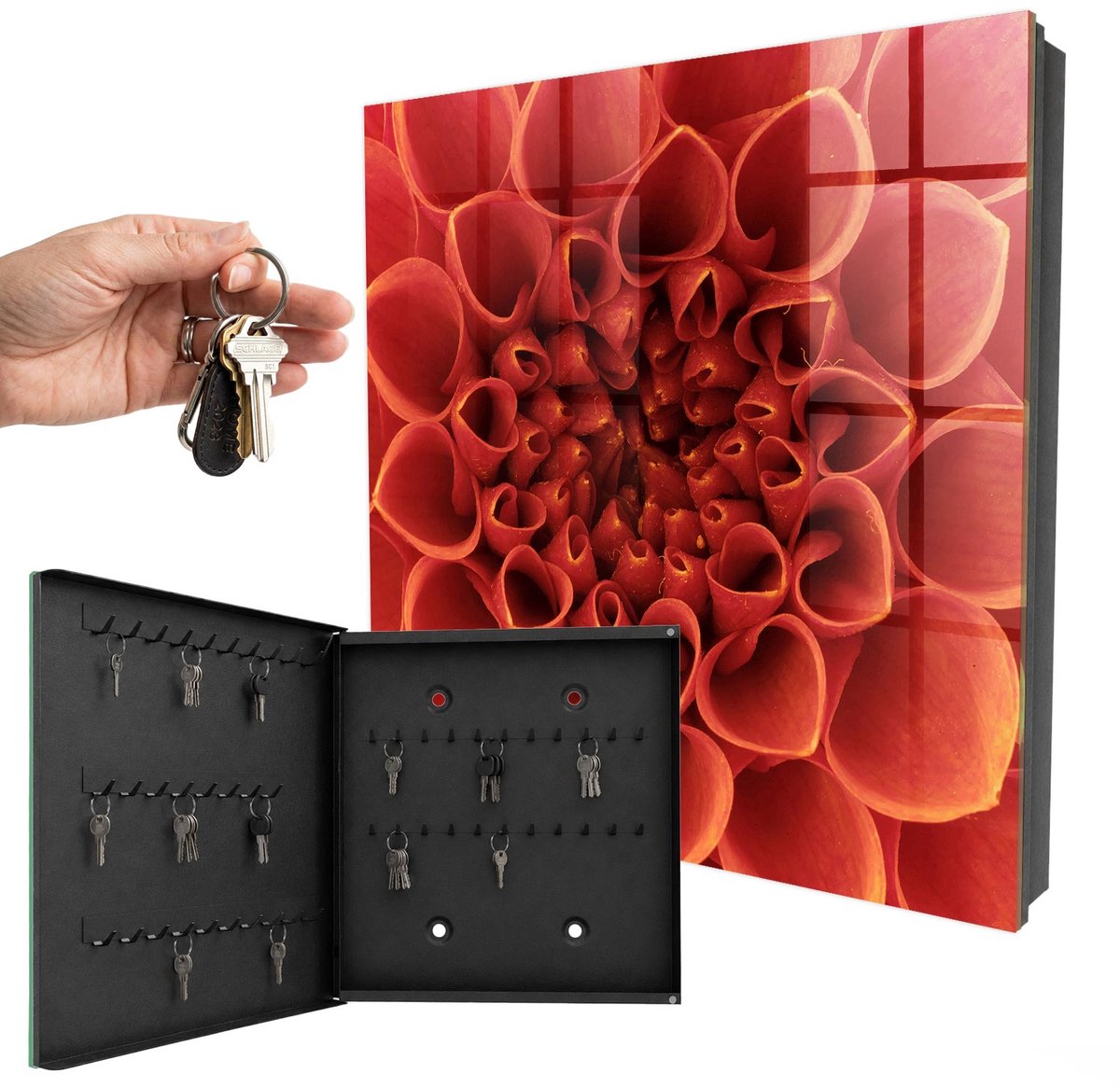 WallMuralia - Sleutelkast - 30x30x5 cm - met 50 haken - Bloemenpatroon Sleutelkastje Voor Binnen - Rood Sleutelbox - Linksopenend - Zwart interieur