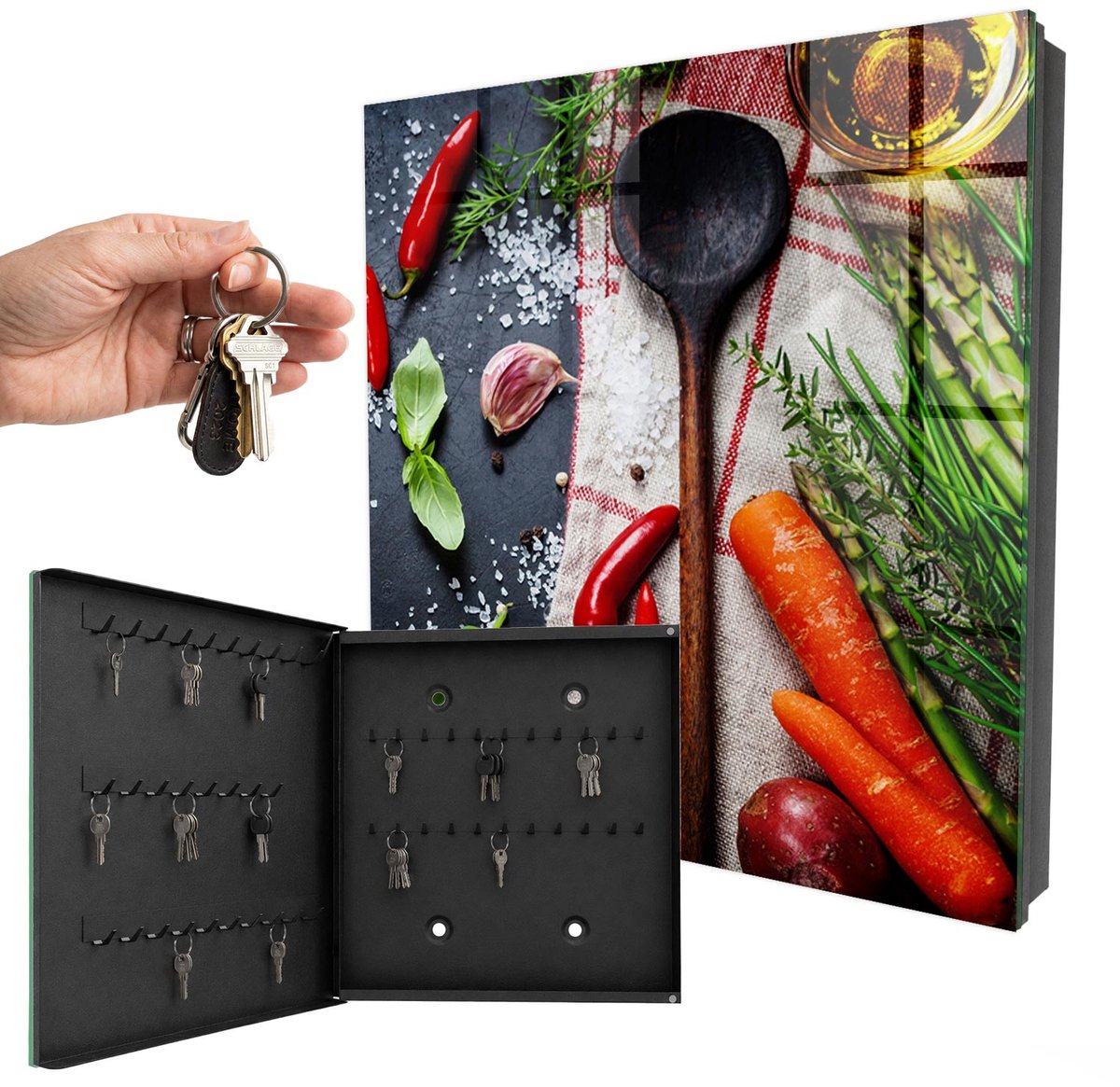 WallMuralia - Sleutelkast - 30x30x5 cm - met 50 haken - Keukeninspiratie Groot Sleutelkastje - Zwart Sleutelbox - Linksopenend - Zwart interieur