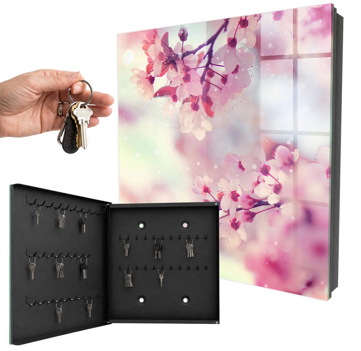 WallMuralia - Sleutelkast - 30x30x5 cm - met 50 haken - Bloemenpracht Sleutelkastje Klein - Roze Sleutelbox - Linksopenend - Zwart interieur