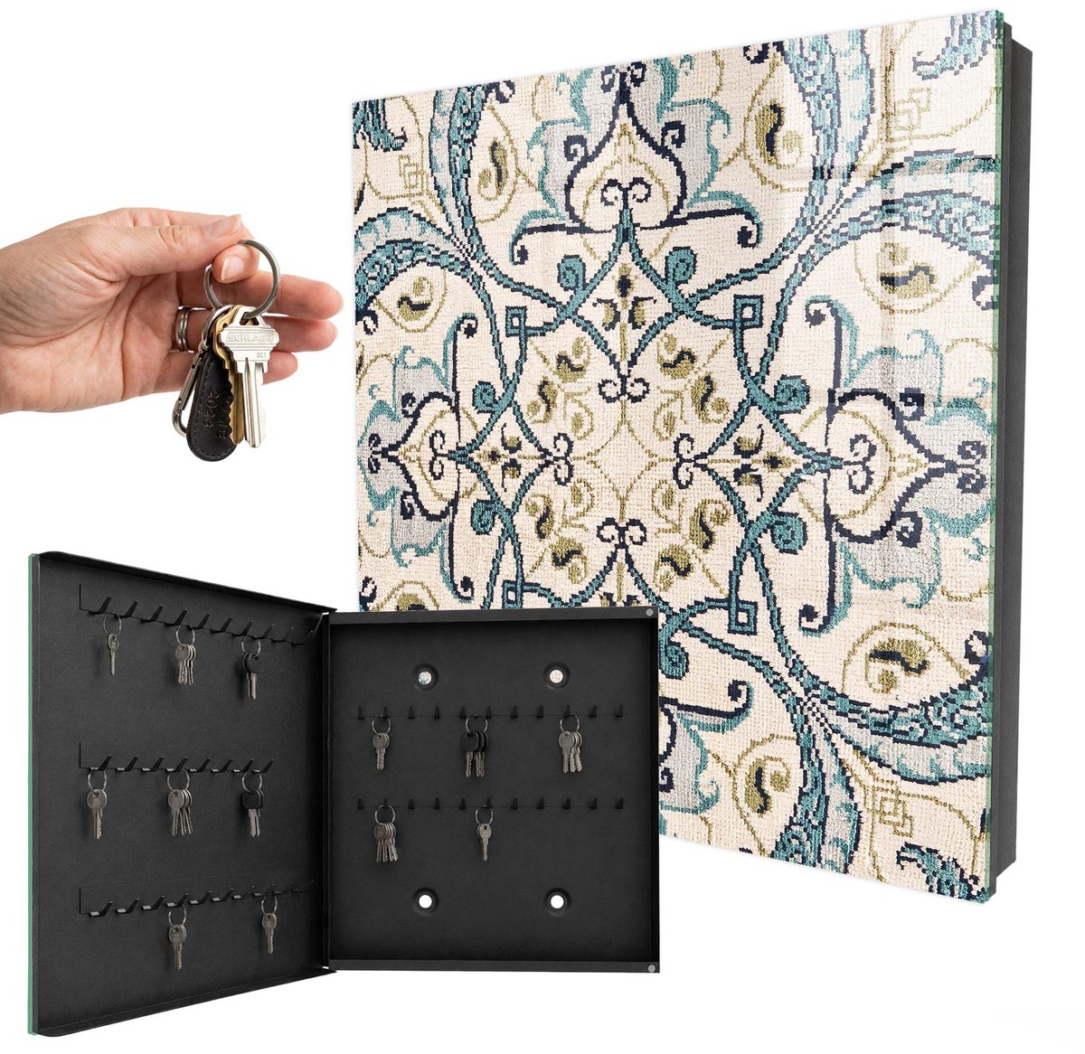 WallMuralia - Sleutelkast - 30x30x5 cm - met 50 haken - Turkooizen Ornament Leuk Sleutelkastje - Beige Sleutelbox - Linksopenend - Zwart interieur