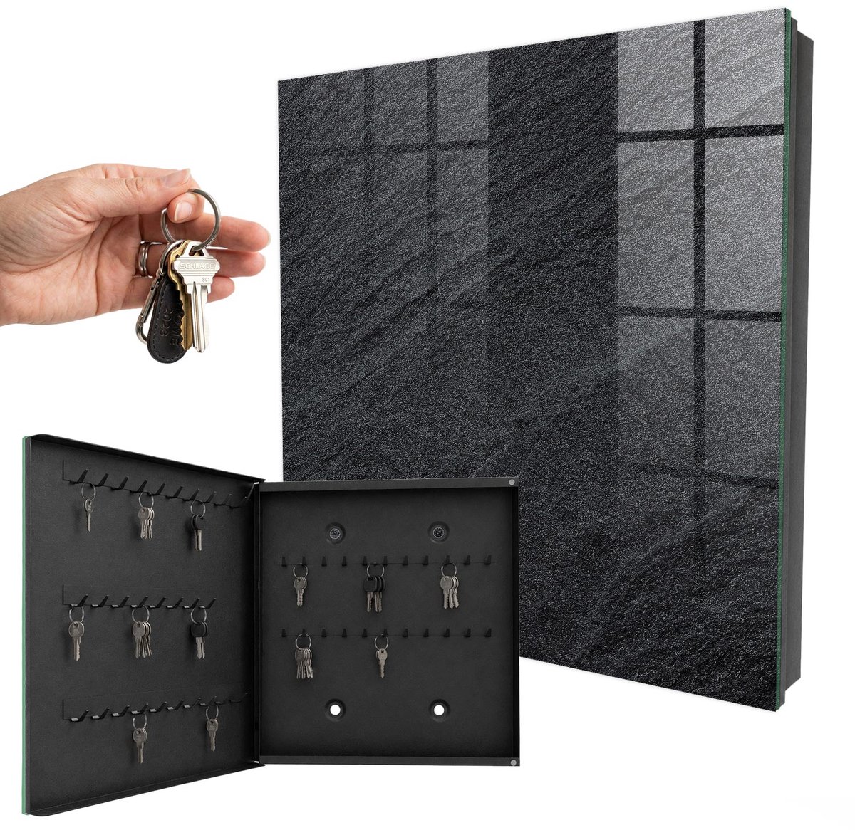 WallMuralia - Sleutelkast - 30x30x5 cm - met 50 haken - Stenen Constructie Sleutelkastje Modern - Zwart Sleutelbox - Linksopenend - Zwart interieur