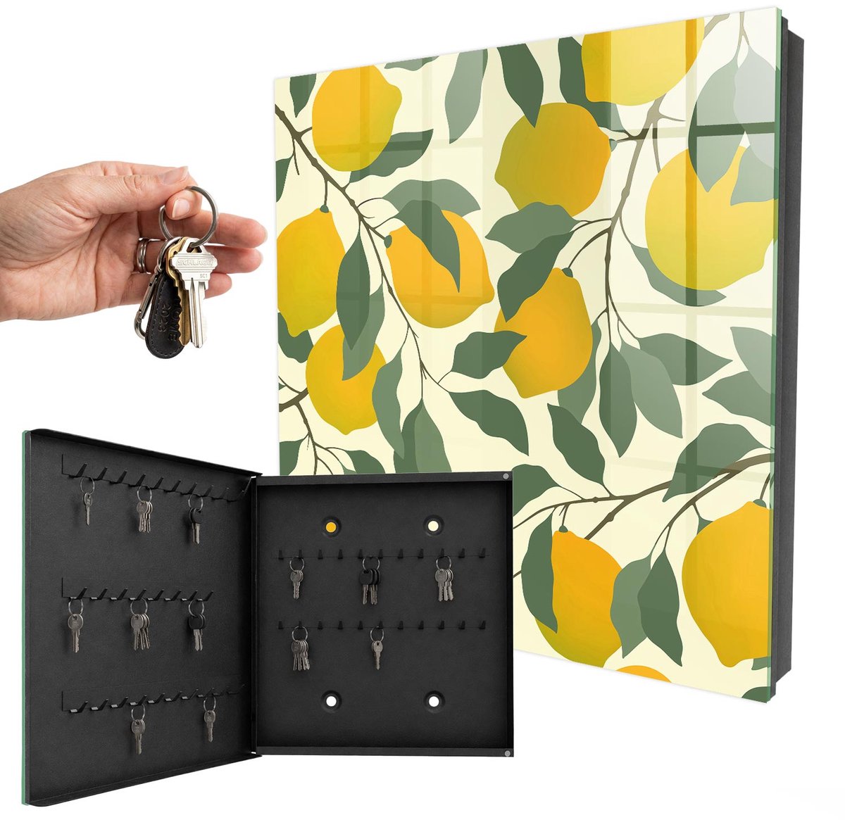 WallMuralia - Sleutelkast - 30x30x5 cm - met 50 haken - Sappige Citroenen Sleutelkastje Klein - Geel Sleutelbox - Linksopenend - Zwart interieur